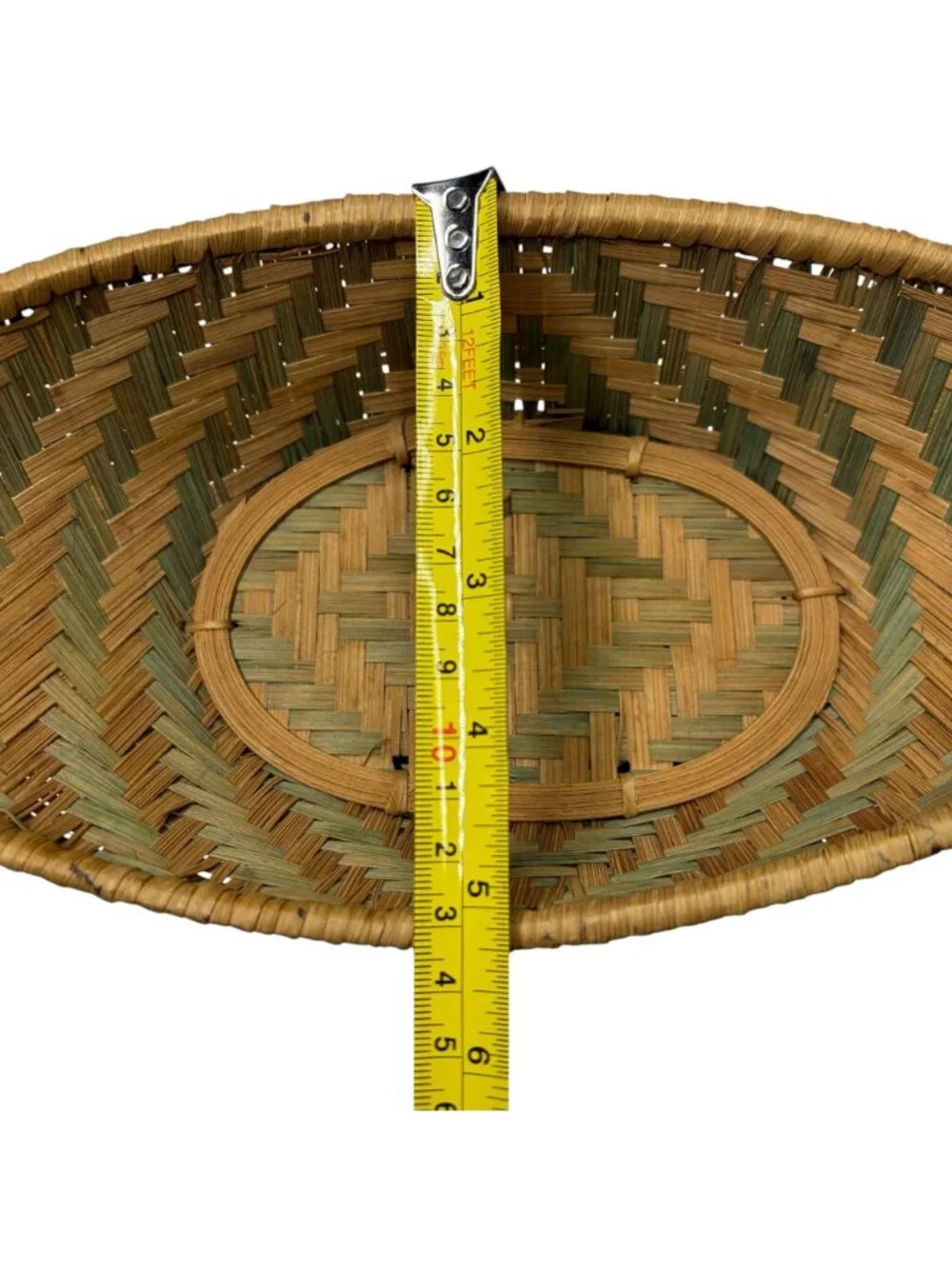 Vintage Handwoven Oval Bread Basket Geometric Green Natural Split Reed Boat Tray